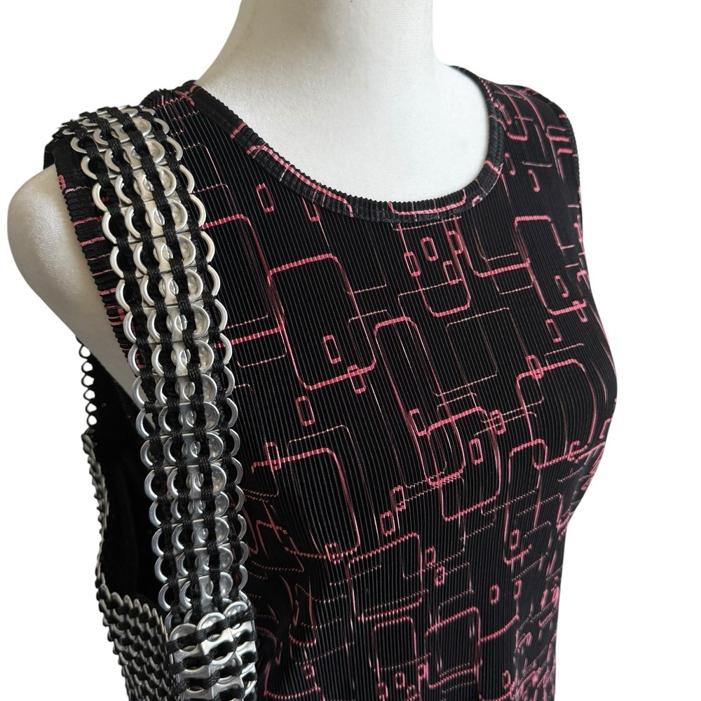 Micropleat Vintage 90s Y2K Black Pink Geometric Plisse Textured Top Size Small